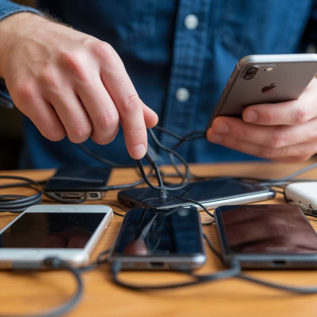 Person charging smartphone with various cables