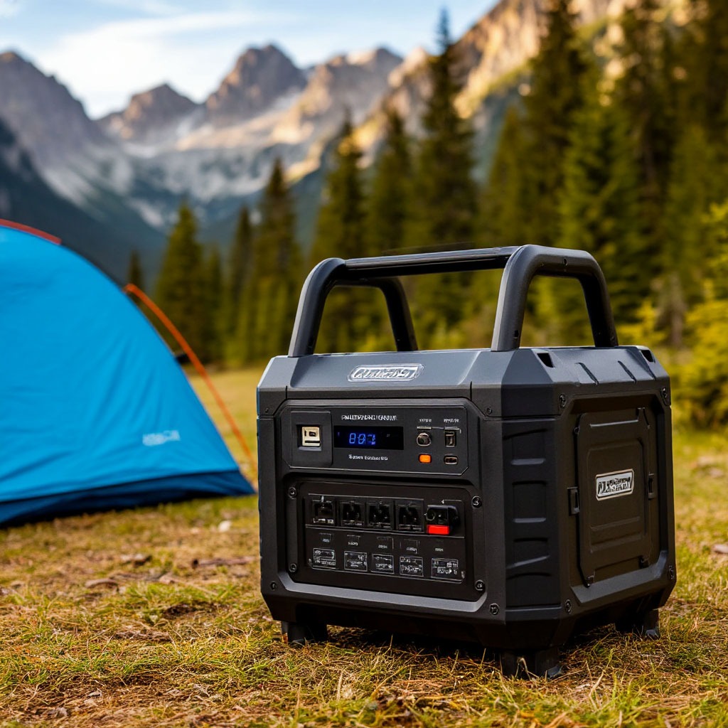Portable power station in outdoor camping setting