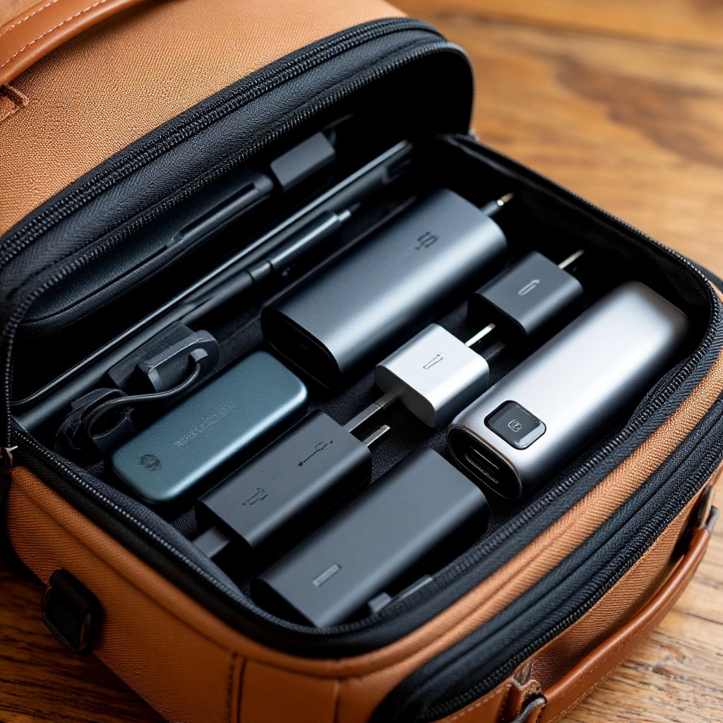 Travel tech accessories organised in bag